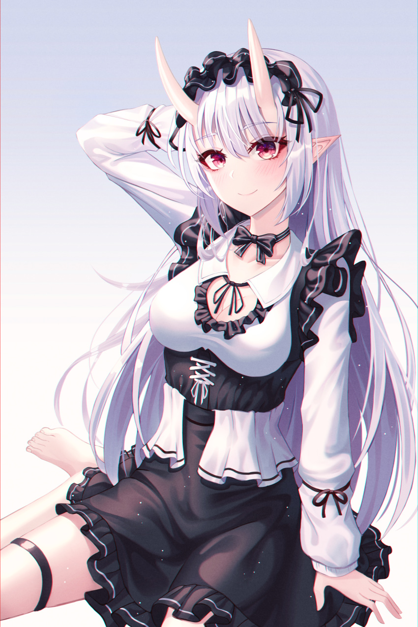 absurdres arm_behind_head arm_up barefoot blush breasts cleavage cleavage_cutout closed_mouth clothing_cutout collarbone female highres horns large_breasts long_hair looking_at_viewer maid oni original pointy_ears red_eyes ryon_y0421 sitting smile solo very_long_hair white_hair