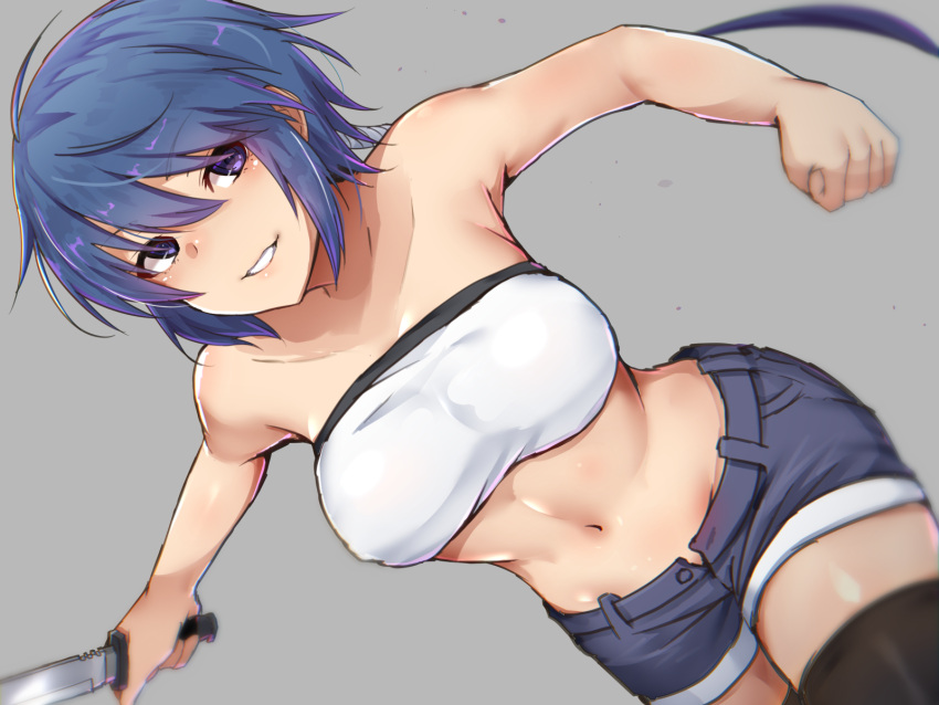 amasaki_ryouko blue_eyes blue_hair blue_shorts breasts commentary_request cowboy_shot cracklecradle denim denim_shorts female highres knife long_hair looking_at_viewer midriff navel open_fly ponytail short_shorts shorts smile solo strapless thighhighs tube_top white_tube_top yotaka_(d8spc4r3)