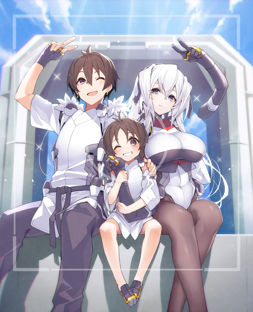 1boy 2girls android aoi_toori blue_eyes blush bodysuit breasts brown_hair couple detached_arm gloves grey_hair headset highres horizon_ariadust kodama_yuu kyoukaisenjou_no_horizon large_breasts lolicon long_hair looking_at_viewer mechanical_arms mechanical_parts multiple_girls oriotorai_makiko pantyhose seamed_legwear short_hair smile spoilers very_long_hair