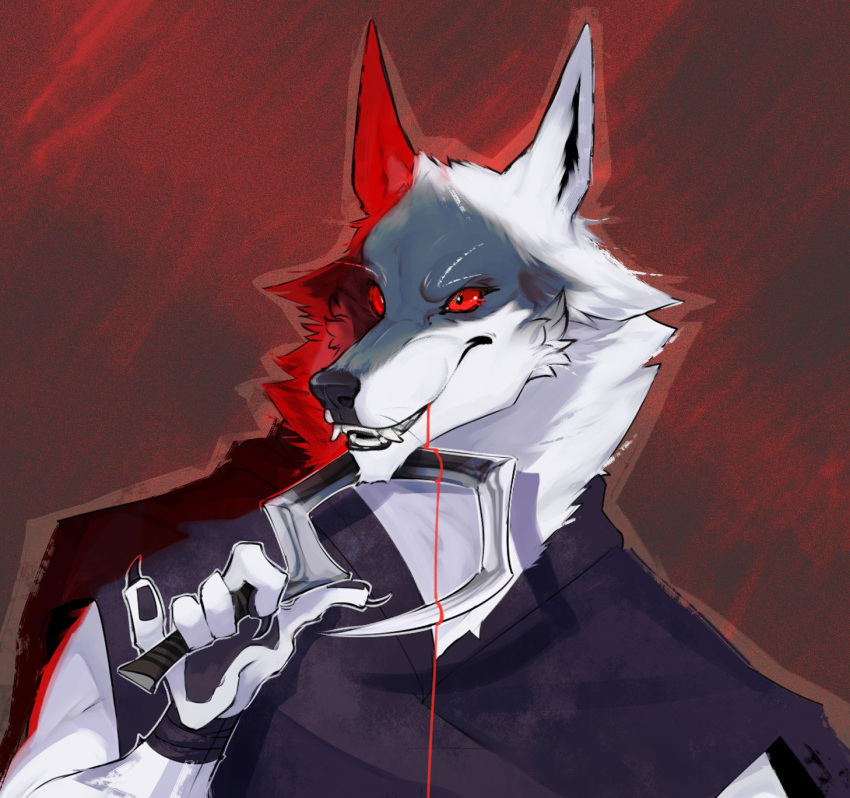 anthro blood blood_from_mouth blood_in_mouth bodily_fluids canid canine canis claws cloak clothing death_(puss_in_boots) dreamworks fangs fur hi_res male mammal puss_in_boots_(dreamworks) red_eyes sickle solo squibstash teeth white_body white_fur wolf wristband