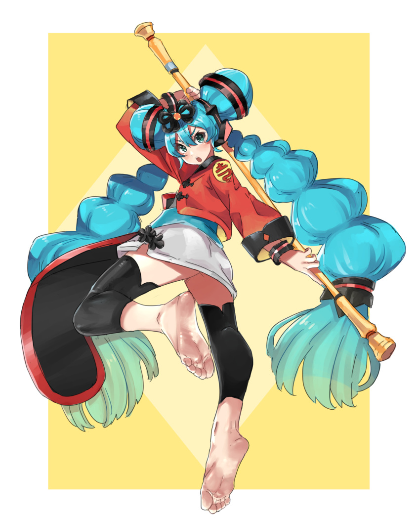 aqua_eyes aqua_hair arm_up barefoot blush border chinese_clothes commentary double_bun eiji_(eiji) feet female fighting_stance foot_focus foreshortening full_body hair_between_eyes hair_bun hair_ornament hatsune_miku hatsune_miku_(noodle_stopper) highres holding holding_pole leg_up long_hair open_mouth pole pose solo twintails vocaloid white_border yellow_background