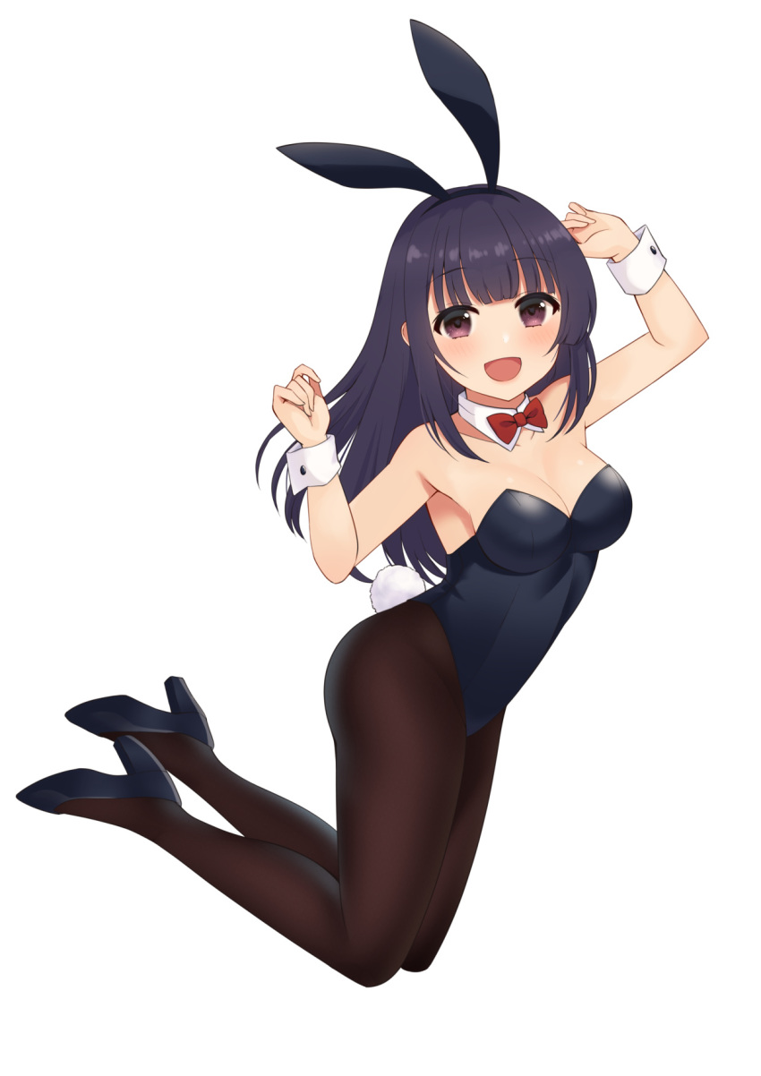 animal_ears black_hair black_leotard black_pantyhose bow bowtie brown_eyes detached_collar fake_animal_ears female full_body furutori highres jumping leotard long_hair original pantyhose playboy_bunny rabbit_ears rabbit_tail red_bow red_bowtie simple_background smile solo strapless strapless_leotard tail white_background wrist_cuffs