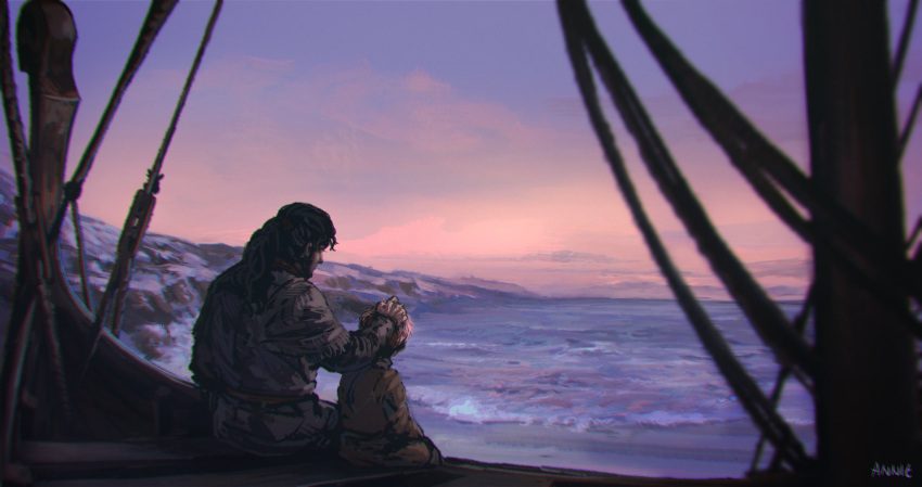 2boys anniechromes black_hair blonde_hair father_and_son highres long_hair longship multiple_boys outdoors short_hair snow thorfinn thors tunic viking vinland_saga