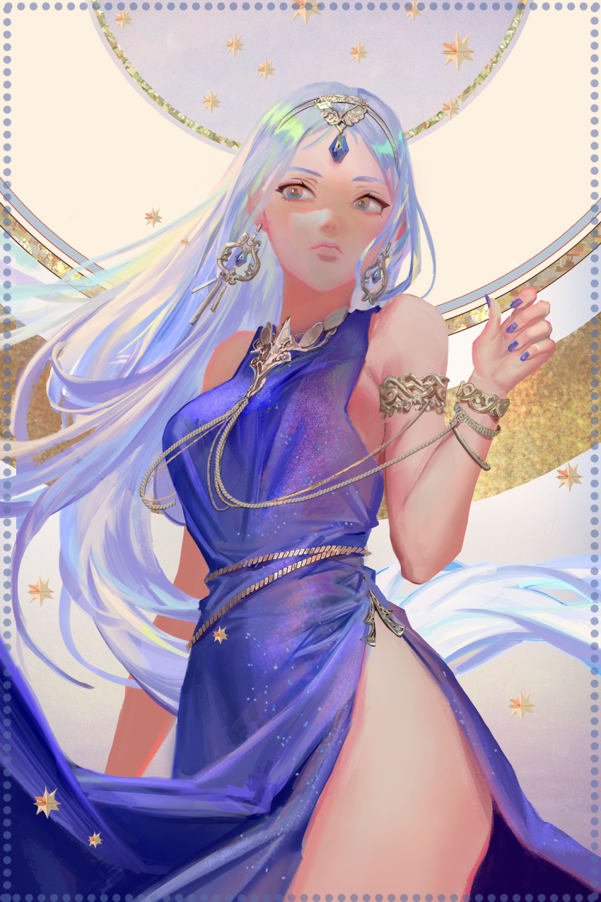 absurdres armlet artemis_(mythology) bare_shoulders blue_gemstone blue_hair breasts circlet closed_mouth commentary cowboy_shot dated_commentary dress earrings english_commentary female fingernails gem gold_bracelet gold_earrings greek_mythology grey_eyes grey_hair highres jewelry large_breasts lips long_hair looking_to_the_side multicolored_hair nail_polish purple_dress purple_nails side_slit sideboob sleeveless sleeveless_dress solo star_(symbol) streaked_hair very_long_hair wowmoto2