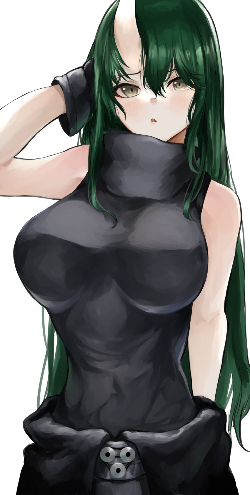 absurdres arknights black_shirt breasts female green_hair hand_up highres horns hoshiguma_(arknights) kajuu large_breasts long_hair looking_at_viewer open_mouth shirt simple_background single_horn skin-covered_horns sleeveless sleeveless_shirt solo