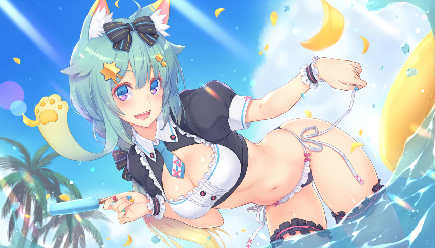 :d ahoge animal_ear_fluff animal_ears aqua_hair bent_over bikini black_bikini black_shirt bow breasts bridal_garter cat_ears cleavage cleavage_cutout clothing_cutout collared_shirt crop_top dan_(kumadan) day female food frilled_bikini frills gradient_hair hairbow hand_up highres holding lanmewko long_hair looking_at_viewer medium_breasts multicolored_hair multicolored_nails nail_polish navel necktie no_pants oerba_yun_fang open_mouth original outdoors popsicle prehensile_hair puffy_sleeves purple_eyes shirt short_necktie short_sleeves side-tie_bikini_bottom skindentation smile solo standing stomach string_bikini swimsuit thighs wading water wrist_cuffs