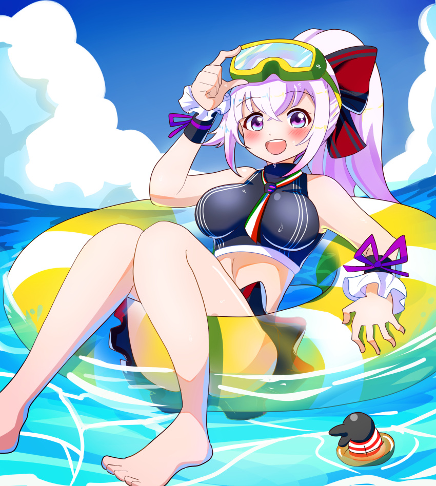 .live absurdres alternate_costume alternate_hairstyle blush breasts carro_pino commentary_request female goggles goggles_on_head hair_ribbon highres innertube looking_at_viewer medium_breasts ocean open_mouth ponytail purple_eyes purple_hair ribbon rikuton sky solo swim_ring virtual_youtuber water