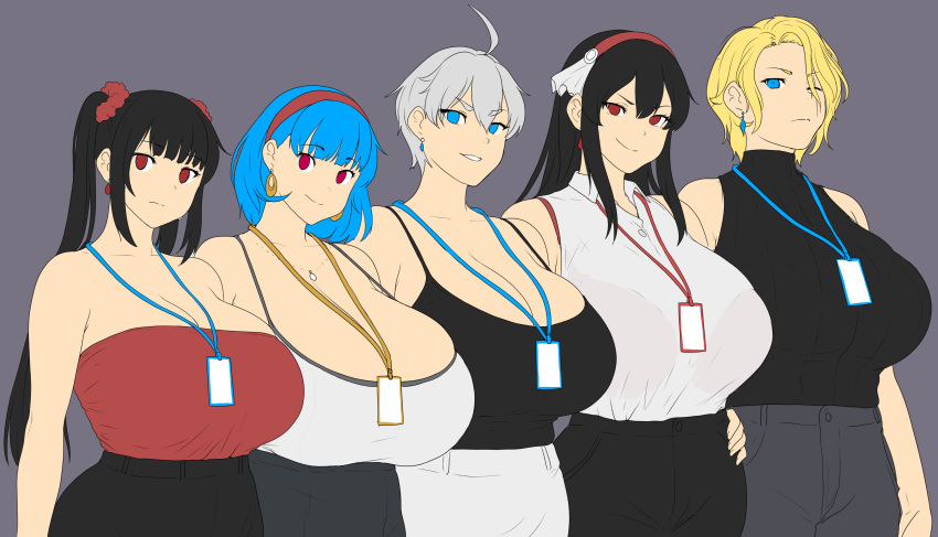 5girls abigail_fahrenheit absurdres bare_shoulders black_camisole black_hair black_pants blonde_hair blue_eyes blue_hair bra_visible_through_clothes breasts camisole earrings erkaz gigantic_breasts grey_background grey_hair grey_pants hairband height_difference highres huge_breasts jewelry karinka_katyusha_(erkaz) long_hair looking_at_viewer medium_hair multiple_girls original pants parted_lips red_eyes red_hairband red_tube_top rey_tannhauser_(erkaz) rina_atherina shirt short_hair simple_background sleeveless sleeveless_shirt smile strapless tube_top twintails upper_body white_camisole white_pants yukihana_(erkaz)