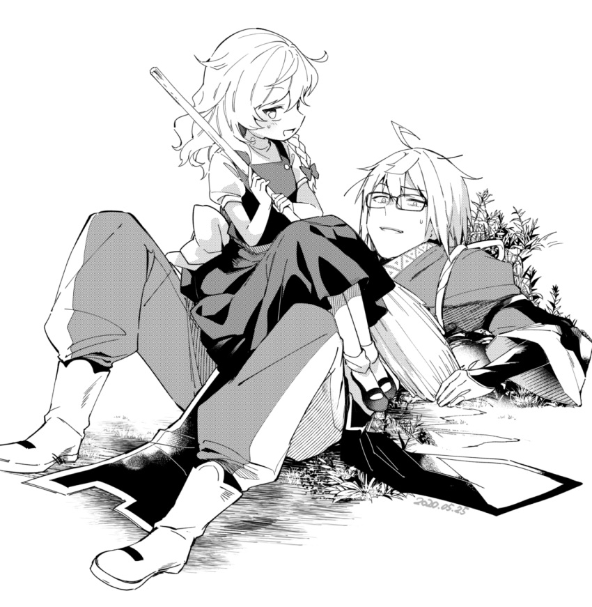 1boy aged_down ahoge back_bow bow braid broom commentary_request cowgirl_position dated female full_body glasses greyscale hairbow highres holding holding_broom kirisame_marisa long_hair long_sleeves monochrome morichika_rinnosuke no_headwear on_ground open_mouth outdoors pants shirt shoes short_sleeves single_braid sitting sitting_on_person skirt socks touhou vest white_background yuki_(popopo)