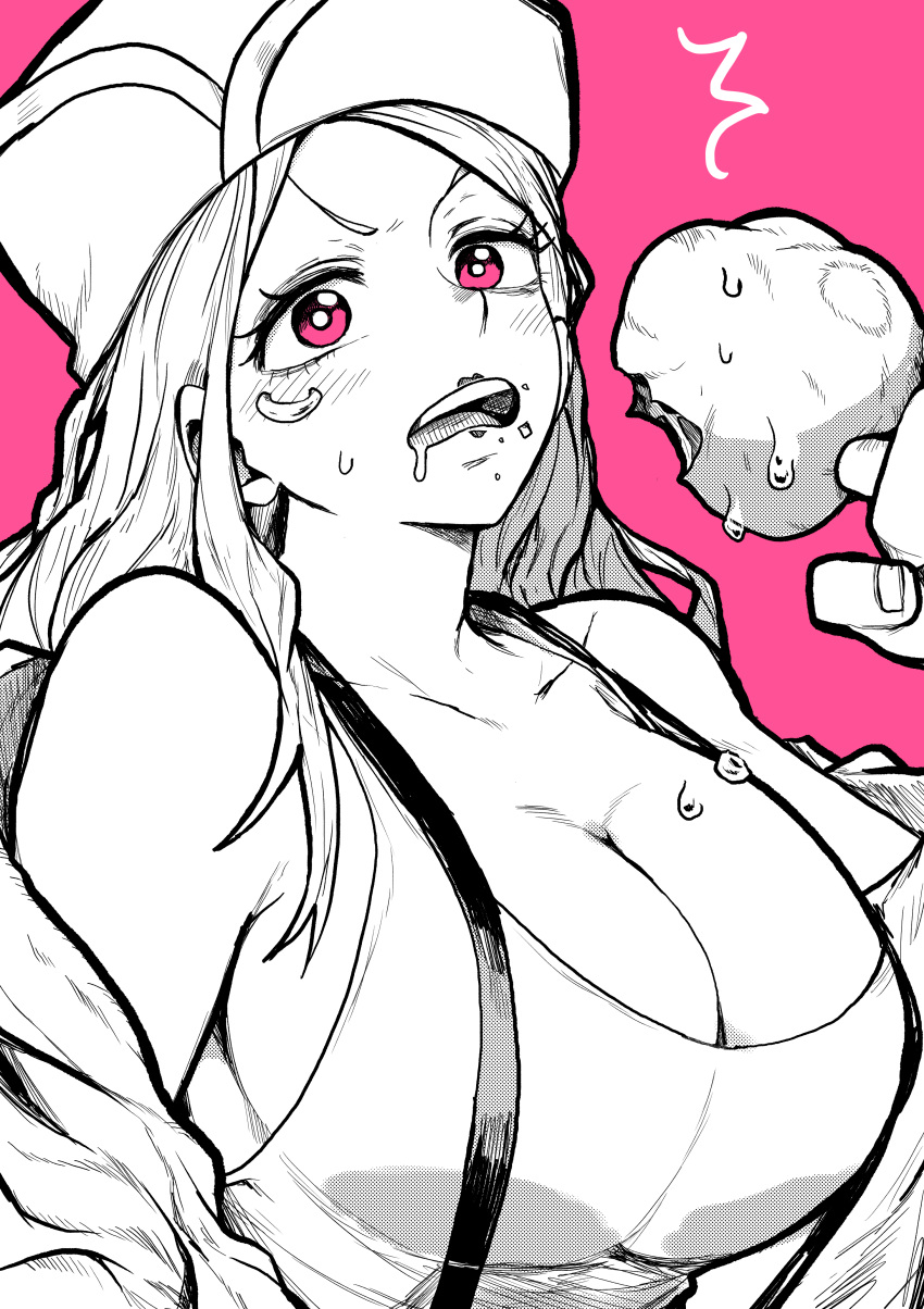 ^^^ absurdres blush breasts cleavage commentary drooling eating eyelid_piercing female food food_on_face greyscale_with_colored_background hat highres holding holding_food jacket jewelry_bonney large_breasts lips lipstick long_hair looking_at_viewer makeup meat monochrome mouth_drool off_shoulder one_piece open_clothes open_jacket open_mouth piercing pink_background pink_eyes saliva simple_background solo spot_color surprised suspenders sweatdrop tank_top teeth upper_body upper_teeth_only v-shaped_eyebrows yotsumi_shiro