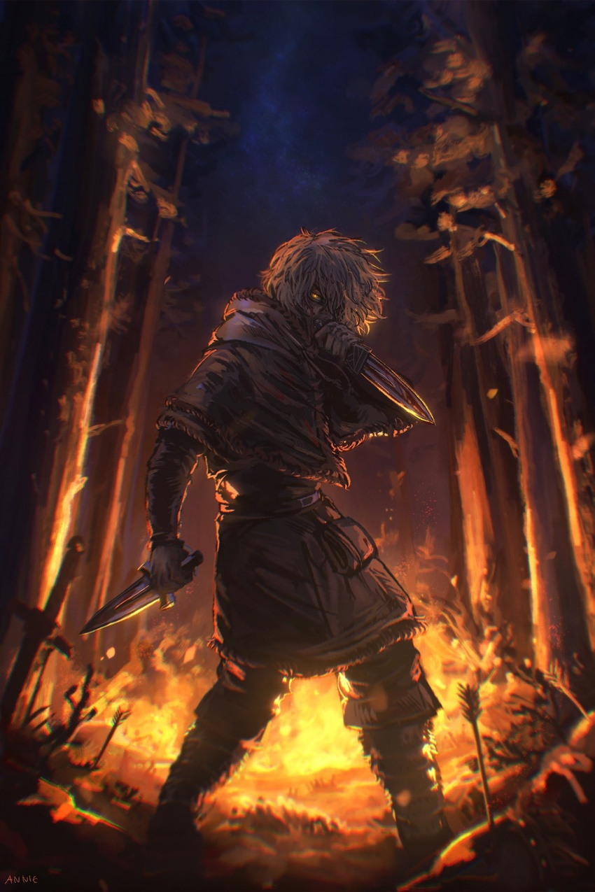 1boy anniechromes arrow_(projectile) blonde_hair fire forest highres holding holding_weapon knife male_focus nature night night_sky outdoors short_hair sky sword thorfinn tree tunic viking vinland_saga weapon