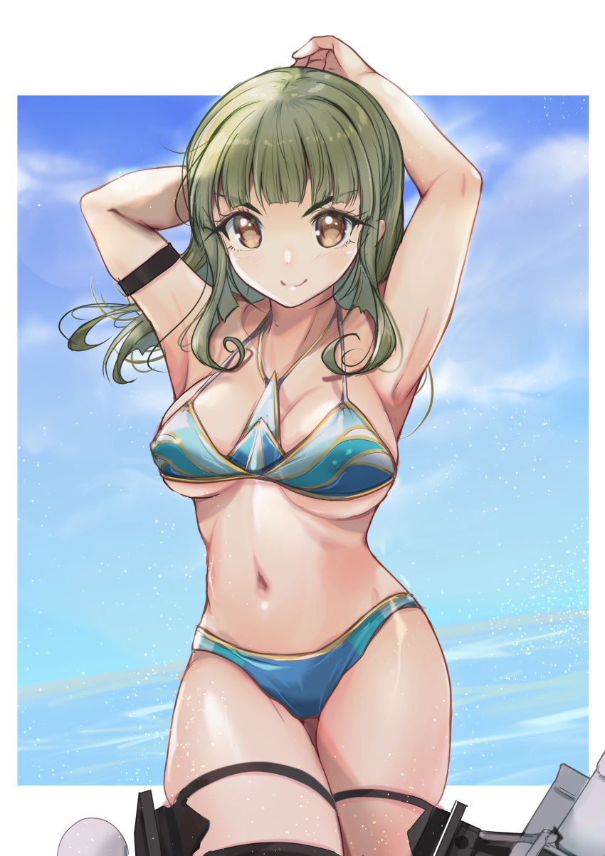 absurdres aged_up armpits arms_up bikini blue_bikini blue_sky braid breasts brown_eyes cloud commentary_request cowboy_shot day female green_hair highres js_takanami_(kancolle) kantai_collection large_breasts long_hair looking_at_viewer sidelocks sky solo swimsuit takanami_(kancolle) torpedo_launcher yashin_(yasinz)