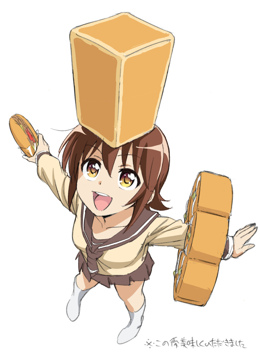 absurdres balancing_on_head bread brown_eyes brown_hair commentary female food food_on_head from_above full_body highres no_shoes object_on_head odagiri_futaba open_mouth sansha_san'you school_uniform serafuku short_hair socks solo white_socks yakisoba yakisobapan yamazaki_jun