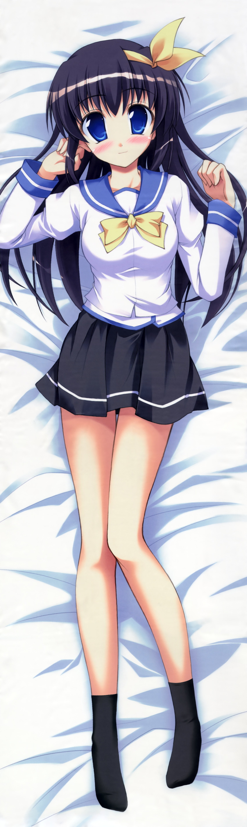 absurdres bed_sheet black_hair blue_eyes blush dakimakura_(medium) female from_above full_body highres himehagi_sakumi legs looking_at_viewer lying on_back on_bed on_stomach onsokuzekuu school_uniform secret_game skirt solo