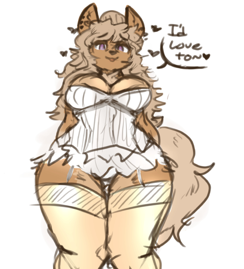 2017 anthro bat big_breasts breasts brown_body brown_fur brown_hair canid canine canis chest_tuft clothed clothing corset digital_media_(artwork) domestic_dog ear_piercing english_text eyebrows female fluffy fluffy_tail fur hair heart_symbol hi_res hybrid legwear lingerie long_hair mammal mulu piercing purple_eyes simple_background solo standing stockings tacdoodles tail text thick_thighs thigh_highs topwear tuft white_background wide_hips