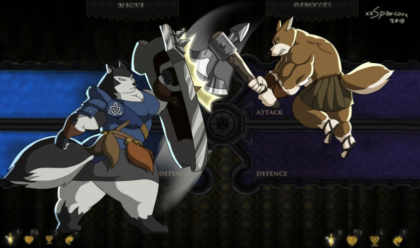 2018 anthro armello armor axe barefoot biceps big_muscles black_body black_fur black_nose bottomwear breasts brown_body brown_fur canid canine canis clothed clothing damocles_(xxsparcoxx) digital_media_(artwork) domestic_dog duo feet female footwear fur gladiator herding_dog holding_object holding_weapon huge_muscles hyper hyper_muscles league_of_geeks leather leather_armor magna_(armello) male mammal melee_weapon multicolored_body multicolored_fur muscular muscular_anthro muscular_female muscular_male pastoral_dog pteruges sandals shield skirt topless topless_male triceps two_tone_body two_tone_fur warrior weapon welsh_corgi white_body white_fur wolf xxsparcoxx