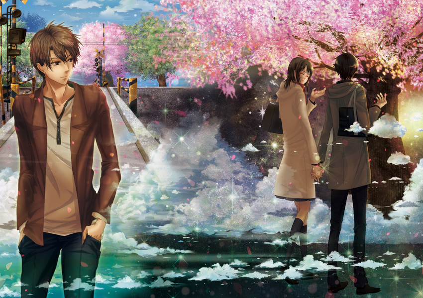 2boys bag black_legwear boom_barrier brown_eyes brown_hair byousoku_5_centimeter cherry_blossoms cloud commentary_request couple diffraction_spikes dual_persona female highres holding_hands iban_(ibaibaibaban) kneehighs lens_flare lens_flare_abuse looking_at_another multiple_boys outdoors photoshop_(medium) railroad_crossing shinohara_akari sky socks star_(sky) starry_sky straight time_paradox toono_takaki