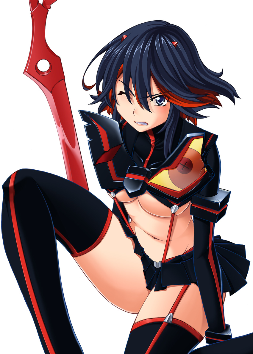 black_hair blue_eyes blush breasts commentary_request crack damaged female highres hozumi_takashi kill_la_kill large_breasts matoi_ryuuko multicolored_hair navel on_one_knee one_eye_closed photoshop_(medium) red_hair revealing_clothes scissor_blade_(kill_la_kill) senketsu short_hair skirt suspenders sword thighhighs two-tone_hair underboob weapon wince