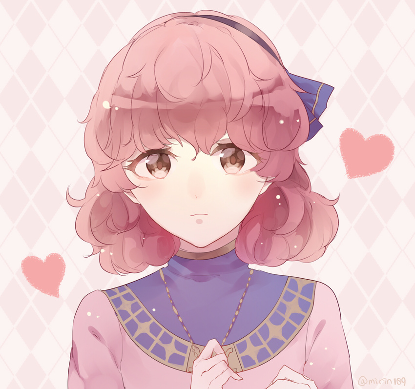 artist_name bow brown_eyes commentary_request curly_hair female fire_emblem fire_emblem_echoes:_shadows_of_valentia genny_(fire_emblem) hairband heart highres jewelry mirin. necklace pink_hair portrait solo