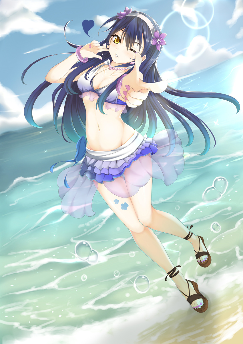 artist_request bikini female female finger_gun frilled_bikini frills genjung long_hair love_live!_school_idol_project ocean pointing pointing_at_viewer solo sonoda_umi swimsuit toenail_polish wink