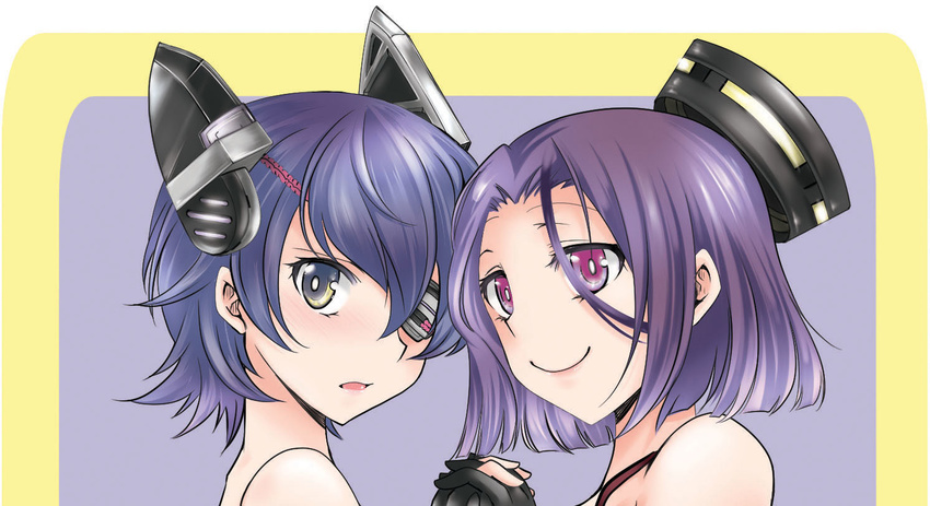 2girls blue_hair blush commentary_request eyepatch fingerless_gloves gloves hal_(goshujinomocha) headgear holding_hands interlocked_fingers kantai_collection multiple_girls photoshop_(medium) purple_eyes purple_hair tatsuta_(kancolle) tenryuu_(kancolle) yellow_eyes