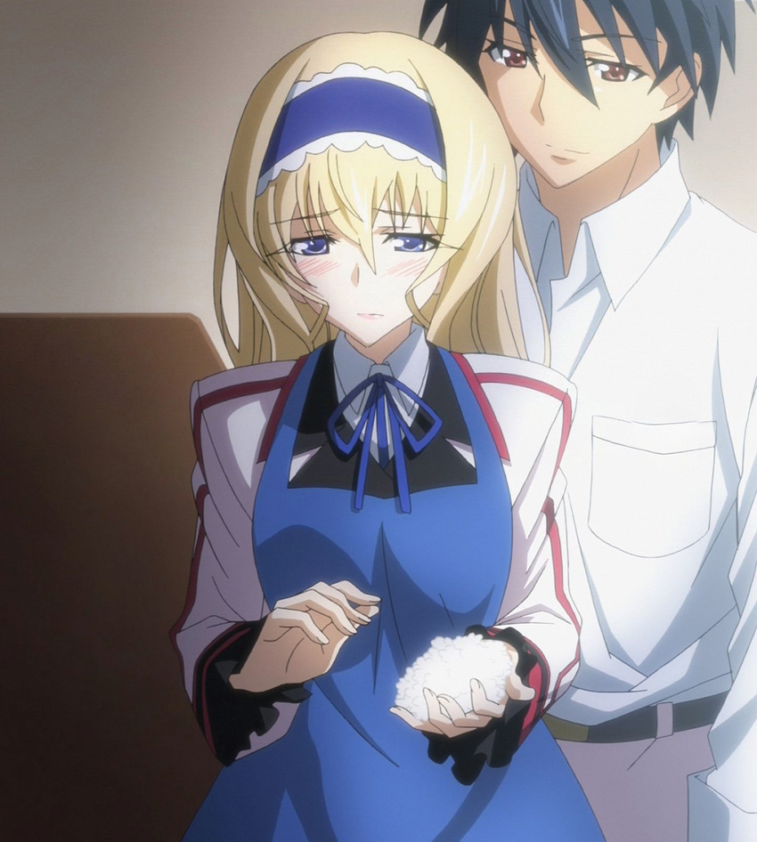 1boy anime_screenshot apron belt belt_buckle black_hair blonde_hair blue_apron blue_eyes blue_hairband blue_ribbon blush brown_eyes buckle cecilia_alcott collared_shirt couple dress female food grey_pants hairband headband highres holding holding_food indoors infinite_stratos infinite_stratos_academy_school_uniform lolita_hairband long_hair long_sleeves neck_ribbon onigiri orimura_ichika pants ribbon school_uniform shirt straight white_dress white_shirt