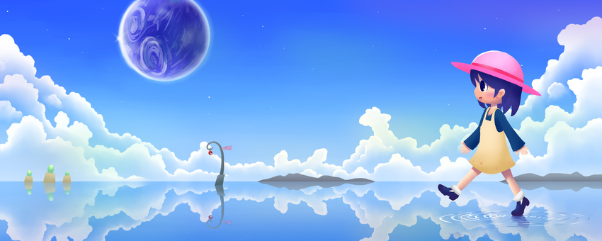 andou_natsumi blue_hair cloud commentary_request day dress female hat highres moomlin natsumi_step! outdoors planet reflection ripples salt_flats sky smile solo sun_hat wading walking walking_on_liquid water