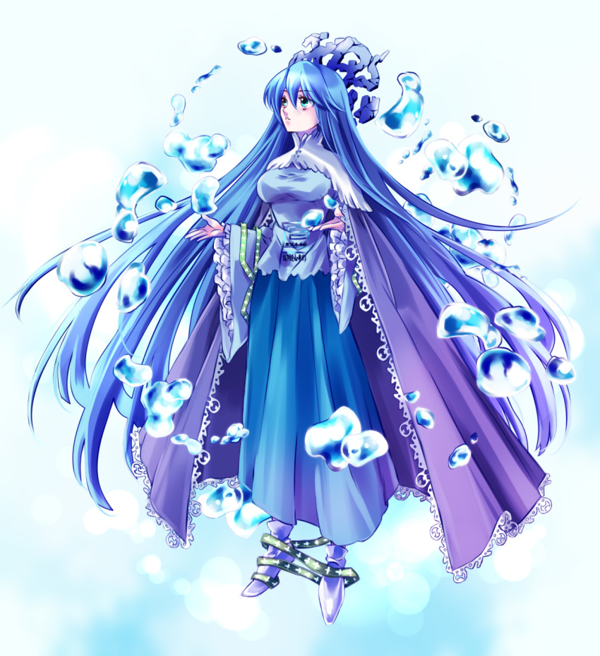 blue_eyes blue_footwear blue_hair blue_skirt breasts bubble cape commentary female frilled_cape frilled_sleeves frills full_body hair_between_eyes highres houshin_engi hydrokinesis large_breasts long_hair long_skirt long_sleeves looking_up open_hand parted_lips purple_cape ryuukitsu_koushu shoes skirt solo su_(pixiv44447) very_long_hair water wide_sleeves