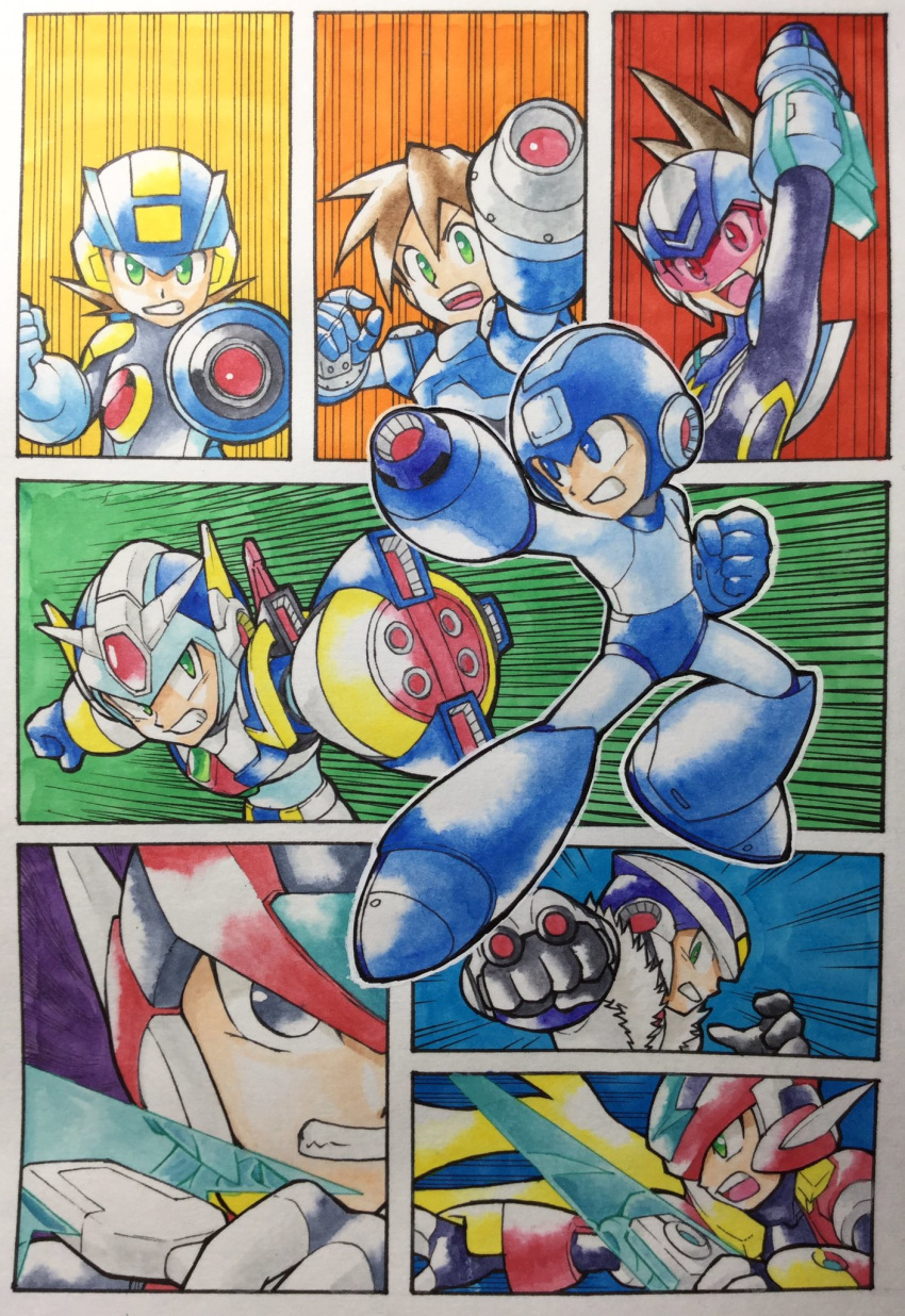 13ban 6+boys android angry arm_cannon armor bad_link beam_saber black_eyes black_gloves blonde_hair blue_gloves blue_helmet bodysuit brown_hair capcom collage commentary_request emphasis_lines fourth_armor_x_(mega_man) geo_stelar_(mega_man) gloves green_eyes helmet highres holding holding_weapon inset long_hair looking_to_the_side male_focus mega_man_(character) mega_man_(classic) mega_man_(series) mega_man_11 mega_man_battle_network_(series) mega_man_legends_(series) mega_man_star_force mega_man_volnutt mega_man_x_(series) mega_man_zero_(series) mega_man_zx megaman.exe model_zx_(mega_man) multiple_boys netnavi open_mouth over-1_(mega_man) paneled_background partial_commentary power_armor red-tinted_eyewear red_helmet rockman_xover serious speed_lines spiked_hair star_force_mega_man teeth tinted_eyewear traditional_media watercolor_pencil_(medium) weapon x_(mega_man) z_saber zero(z)_(mega_man) zero_(mega_man)