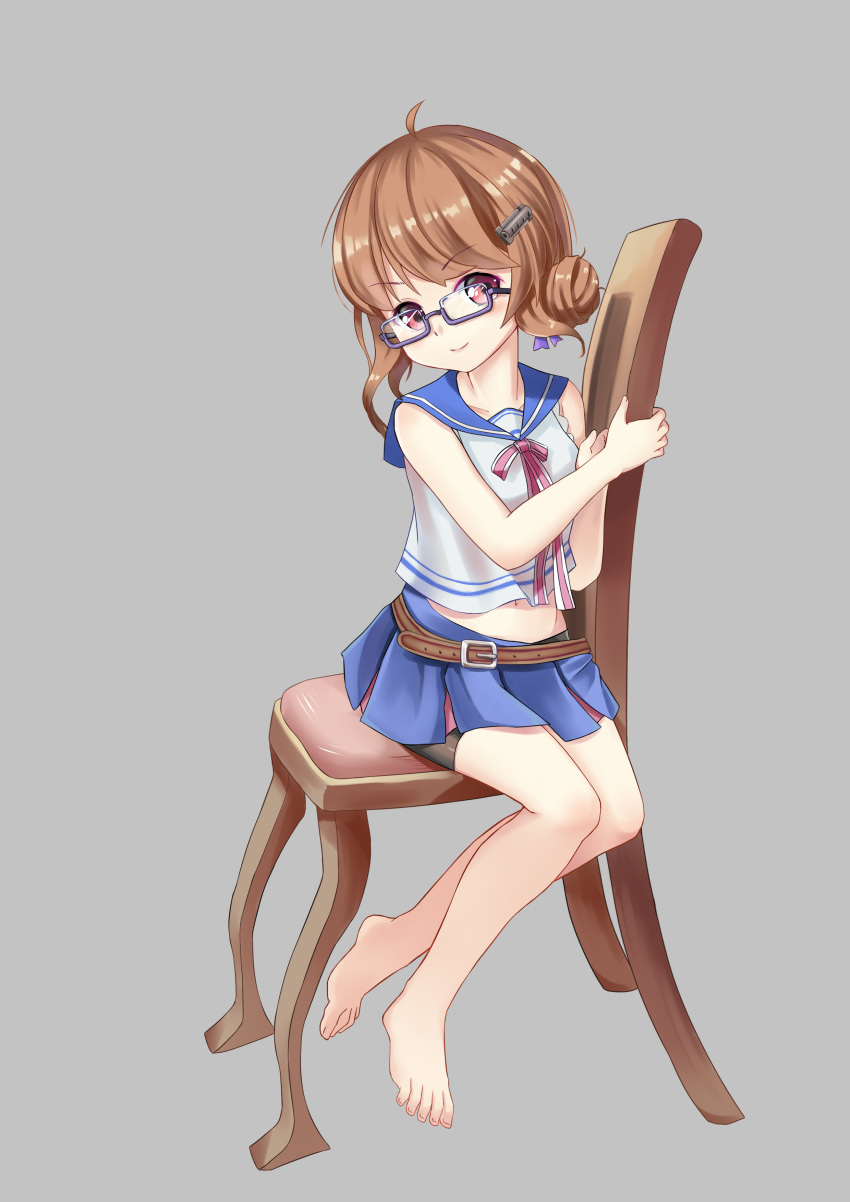 absurdres ahoge azur_lane barefoot belt bike_shorts blue_skirt body_blush brown_eyes brown_hair chair chinese_commentary collarbone commentary_request crop_top female fingernails glasses grey_background hair_bun hair_ribbon highres long_hair midriff miniskirt purple-framed_eyewear purple_ribbon raleigh_(azur_lane) ribbon school_uniform semi-rimless_eyewear serafuku shirt shorts shorts_under_skirt simple_background single_hair_bun sitting sitting_sideways skirt sleeveless sleeveless_shirt smile solo the_hermit toenails toes white_shirt