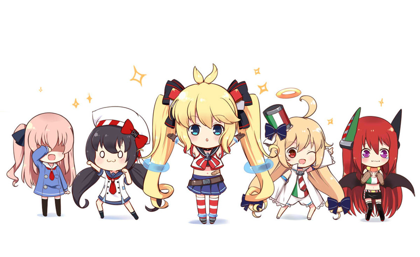 5girls ahoge andrea_doria_(warship_girls_r) antonio_da_noli_(warship_girls_r) arms_up aviere_(warship_girls_r) bad_link bow camicia_nera_(warship_girls_r) chibi closed_mouth covering_own_eyes linda_b long_hair looking_at_viewer multiple_girls o_o one_eye_closed open_mouth outstretched_arm smile standing star_(symbol) tears thighhighs twintails ugolino_vivaldi_(warship_girls_r) warship_girls_r white_background