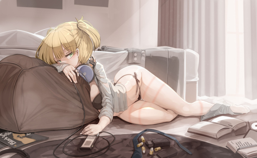 audio-technica barefoot bed bedroom black_bra black_panties blonde_hair bolt_action book bra cartridge commentary_request commission covering_own_mouth curtains digital_media_player female genek girls'_frontline green_eyes gun handgun headphones headphones_around_neck highres indoors looking_at_viewer lying magazine_(weapon) messy_room navel no_pants on_floor on_side open_book open_clothes open_shirt panties rope_marks shirt short_hair side-tie_panties skeb_commission solo suppressor thighs toes twintails underwear weapon welrod welrod_mkii_(girls'_frontline) white_shirt