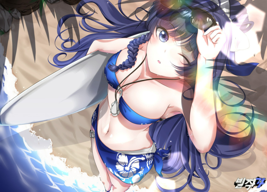 :o armpits beach bikini bikini_top_only black_eyes black_hair braid breasts byeoljagga cleavage eyewear_on_head female from_above hair_between_eyes highres holding holding_removed_eyewear holding_surfboard honkai_(series) honkai_impact_3rd jewelry korean_commentary long_hair looking_at_viewer necklace one_eye_closed open_mouth outdoors ponytail raiden_mei sand solo standing summer_uniform sunglasses surfboard swimsuit unworn_eyewear water