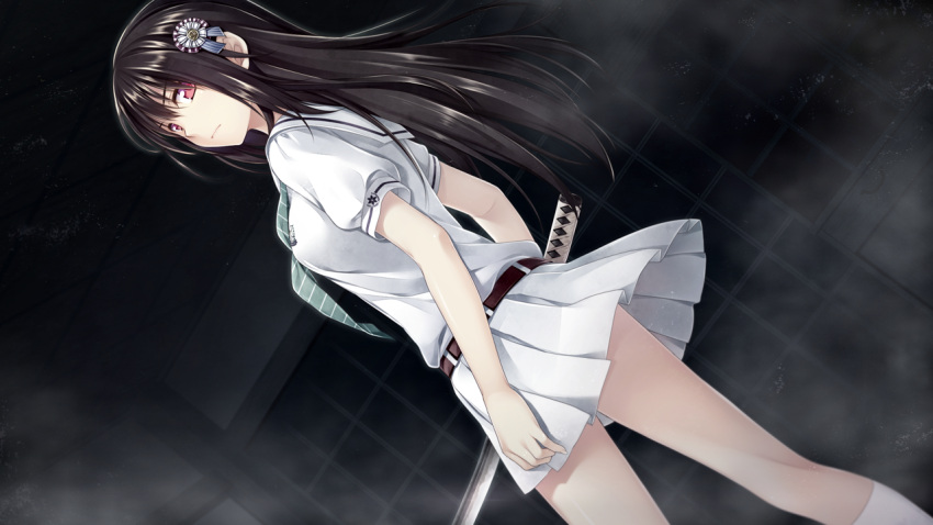 alpha_(yukai_na_nakamatachi) aqua_neckerchief black_hair boku_no_hitori_sensou closed_mouth collared_shirt dutch_angle female game_cg hair_between_eyes hair_ribbon holding holding_sword holding_weapon indoors inuzuka_rumi kneehighs long_hair miniskirt neckerchief pleated_skirt red_eyes ribbon sailor_collar sailor_shirt school_uniform serafuku shirt short_sleeves skirt socks solo standing straight_hair striped striped_neckerchief striped_ribbon sword very_long_hair weapon white_serafuku white_shirt white_skirt white_socks