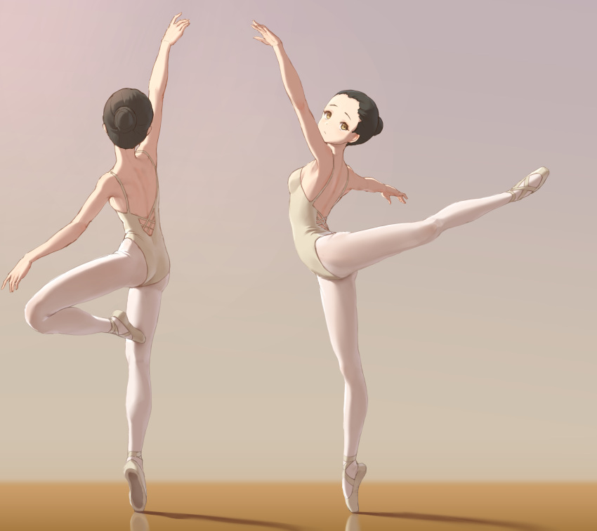 absurdres arabesque_(pose) arched_back ass ballerina ballet ballet_slippers black_hair breasts en_pointe female full_body gradient_background hair_bun highres himitsu_(hi_mi_tsu_2) hina_saori_(himitsu) indoors leg_lift leotard multiple_views original outstretched_arms pantyhose sideboob single_hair_bun small_breasts standing standing_on_one_leg tiptoes white_pantyhose yellow_eyes yellow_leotard