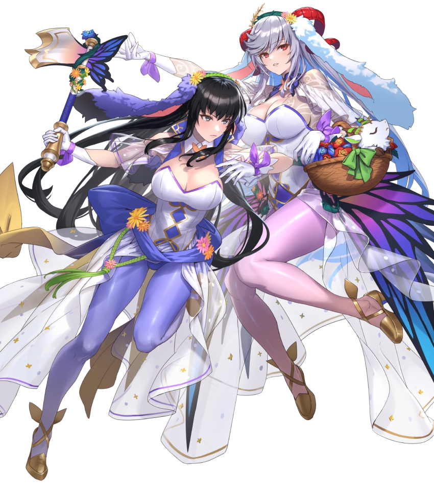 2girls animal_ears axe basket battle_axe black_hair breasts cleavage cuboon curled_horns fake_animal_ears fire_emblem fire_emblem:_the_blazing_blade fire_emblem_heroes flower freyja_(fire_emblem) freyja_(spring)_(fire_emblem) full_body gloves grey_eyes hair_ornament high_heels highleg highleg_leotard highres holding holding_weapon horns karla_(fire_emblem) karla_(spring)_(fire_emblem) large_breasts leotard light_smile long_hair medium_breasts multiple_girls non-web_source official_art open_mouth pantyhose parted_lips rabbit_ears red_eyes ribbon see-through serious shiny_clothes skin_tight stuffed_animal stuffed_toy transparent_background weapon