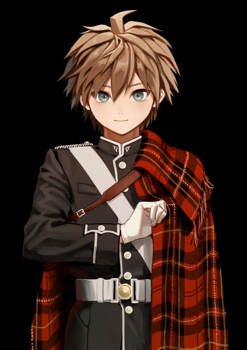 1boy absurdres ahoge bad_id bad_pixiv_id belt black_background black_jacket blanket brown_hair closed_mouth commentary_request cowboy_shot danganronpa:_trigger_happy_havoc danganronpa_(series) e_(xrpa4zlquxlfk27) epaulettes gloves grey_eyes hair_between_eyes hand_up highres jacket long_sleeves looking_at_viewer male_focus military military_uniform naegi_makoto plaid_blanket short_hair simple_background smile solo uniform white_belt white_gloves