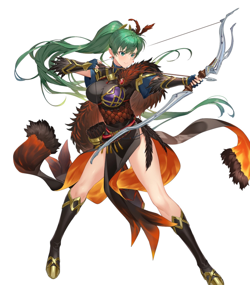 alternate_color alternate_costume armor arrow_(projectile) boots bow_(weapon) breasts capelet closed_mouth earrings feather_trim female fingerless_gloves fire_emblem fire_emblem:_the_blazing_blade fire_emblem_heroes full_body fur_trim gloves gold_trim gradient_clothes green_eyes green_hair hair_ornament high_ponytail highres holding holding_bow_(weapon) holding_weapon jewelry kakage knee_boots long_hair looking_away lyn_(brave_lady)_(fire_emblem) lyn_(brave_lady)_(resplendent)_(fire_emblem) lyn_(fire_emblem) medium_breasts non-web_source official_art pelvic_curtain ponytail quiver short_sleeves solo thighs transparent_background weapon