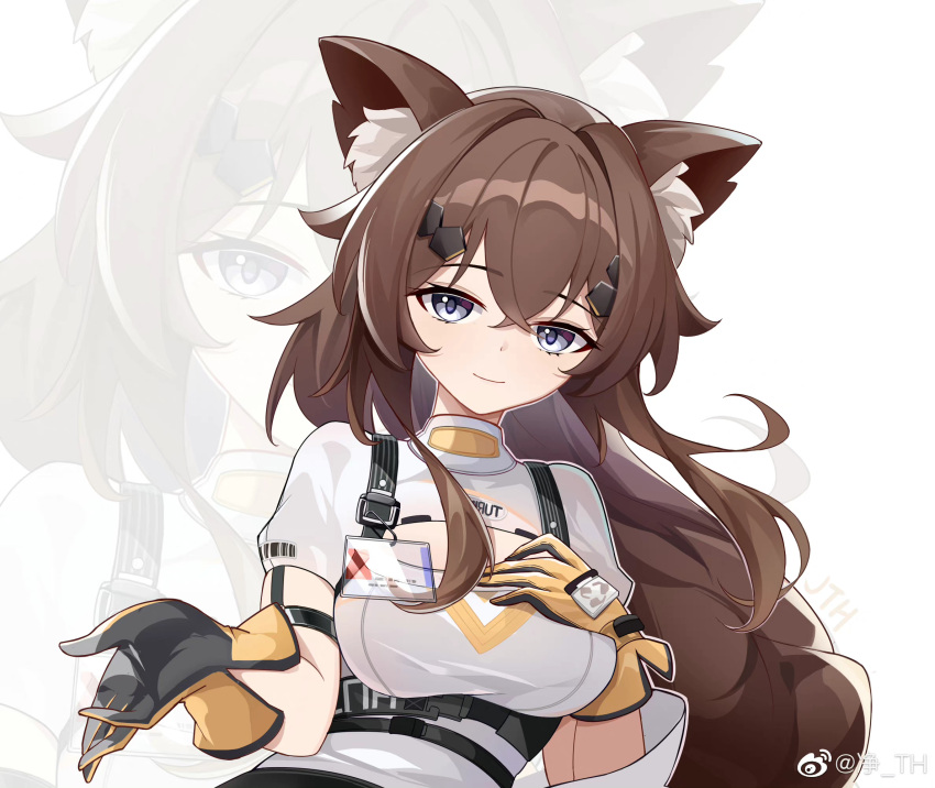 animal_ear_fluff animal_ears breasts brown_hair cleavage_cutout clothing_cutout commentary_request female girls'_frontline girls'_frontline_neural_cloud gloves grey_eyes hair_between_eyes hair_ornament hand_on_own_chest highres id_card jing_th large_breasts long_hair looking_at_viewer shirt sleeveless smile solo turing_(neural_cloud) upper_body weibo_logo weibo_watermark white_shirt zoom_layer