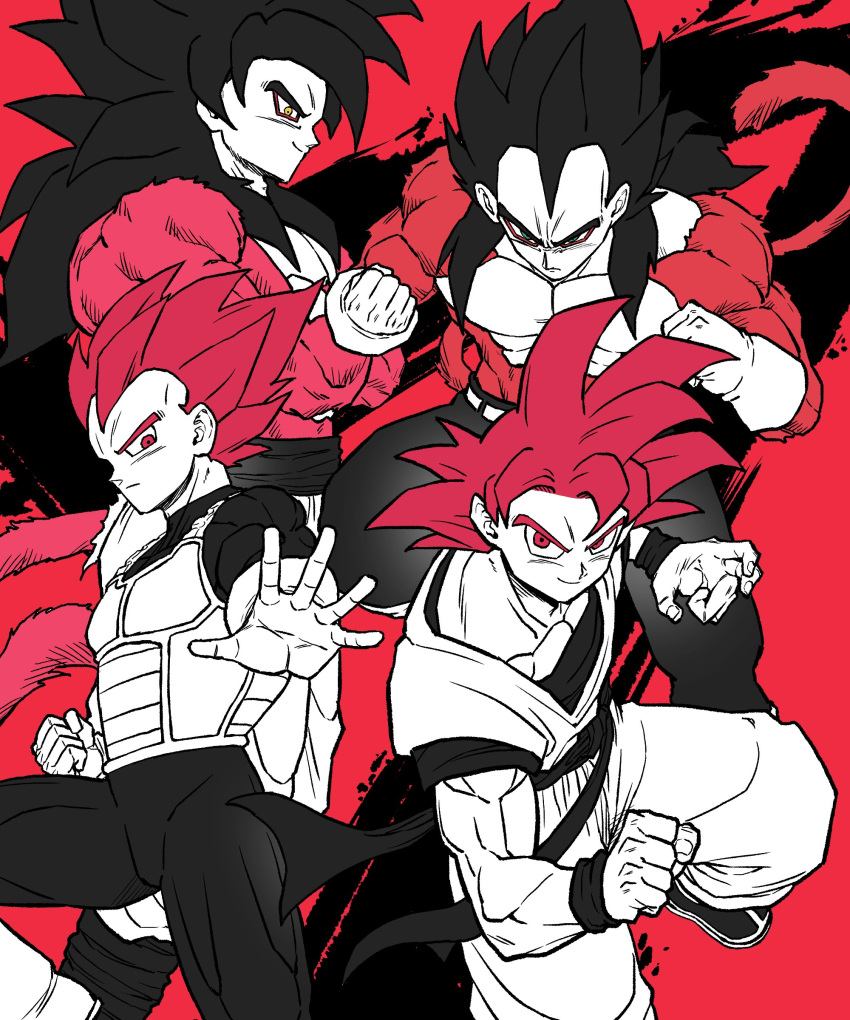 4boys absurdres bakarott belt black_hair blue_eyes body_fur closed_mouth commentary dougi dragon_ball dragon_ball_gt dragon_ball_super dragon_ball_z_dokkan_battle dual_persona fighting_stance highres limited_palette male_focus martial_arts_belt monkey_tail multiple_boys muscular muscular_male pants red_eyes red_hair sash serious smile son_goku spiked_hair super_saiyan super_saiyan_4 super_saiyan_god tail vegeta yellow_eyes