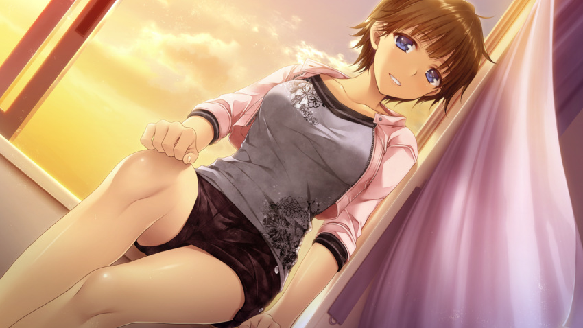 alpha_(yukai_na_nakamatachi) black_shorts blue_eyes boku_no_hitori_sensou breasts brown_hair collarbone dusk dutch_angle female game_cg grey_shirt grin jacket looking_at_viewer medium_breasts okabe_sayo open_clothes open_jacket pink_jacket print_shirt shiny_skin shirt short_hair short_shorts shorts sitting_in_window smile solo unzipped