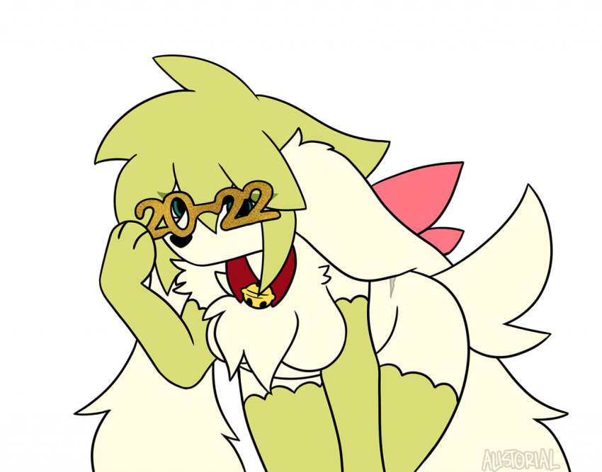 alistorial anthro anthrofied bell breasts collar digital_media_(artwork) elia_(alistorial) eyewear featureless_breasts female fur generation_4_pokemon glasses green_body green_eyes green_fur legendary_pokemon mammal new_year_2022 nintendo pokemon pokemon_(species) pokemorph shaymin simple_background sky_forme_shaymin solo watermark white_body white_fur