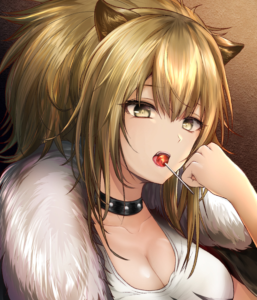 animal_ears arknights black_jacket blonde_hair breasts candy choker cleavage commentary female food fur-trimmed_jacket fur_trim hair_between_eyes highres jacket kiyakyuu lion_ears lollipop long_hair looking_at_viewer medium_breasts mouth_hold patterned_background ponytail siege_(arknights) solo tank_top white_tank_top yellow_eyes