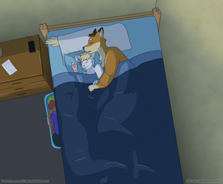 absurd_res anthro anthro_on_anthro bed bed_sheet bedding bedroom bird's-eye_view blanket canid canine codyf0xx dakota_mathews digital_media_(artwork) duo ear_piercing fox fur furniture hair hi_res high-angle_view interspecies larger_male male male/male mammal mouse murid murine piercing rickymouse rodent size_difference sleeping spooning