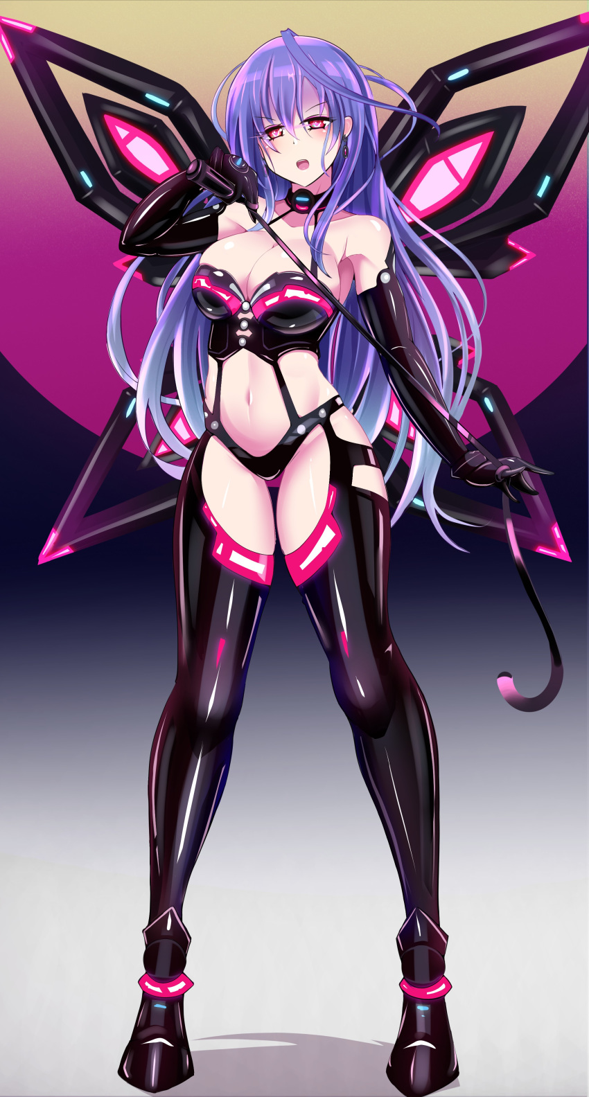 absurdres black_gloves black_thighhighs blue_hair blush breasts dominatrix earrings elbow_gloves female full_body gloves hair_over_one_eye heart heart-shaped_pupils highres ibusuki iris_heart jewelry kami_jigen_game_neptune_v large_breasts latex latex_gloves latex_legwear latex_thighhighs long_hair looking_at_viewer navel neptune_(series) open_mouth pink_eyes shadow solo standing symbol-shaped_pupils thighhighs whip