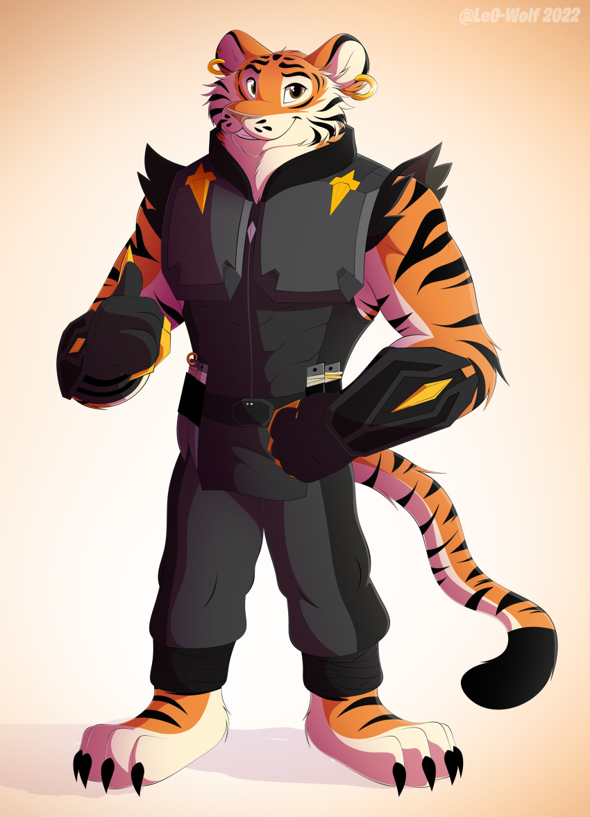 2022 absurd_res anthro biceps biped black_body black_fur black_stripes clothed clothing digital_drawing_(artwork) digital_media_(artwork) ear_piercing ear_ring epic_games feet felid fortnite fur gradient_background hi_res leo-wolf looking_at_viewer male mammal muscular muscular_anthro muscular_male orange_body orange_fur oscar_(fortnite) pantherine piercing plantigrade pose ring_piercing simple_background smile solo standing striped_body striped_fur stripes teeth tiger white_body white_fur