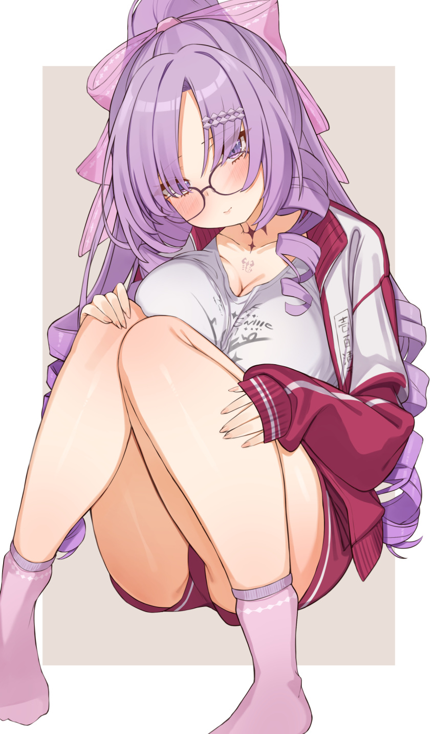 absurdres ass bow breasts choco_tanuki cleavage closed_mouth drill_hair female glasses hairbow highres hyakumantenbara_salome hyakumantenbara_salome_(casual) jacket knees_up large_breasts legs long_hair long_sleeves nijisanji no_shoes pink_bow pink_socks purple_eyes purple_hair red_jacket shirt socks solo track_jacket virtual_youtuber white_shirt