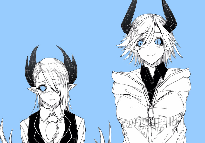 2girls age_progression april_fools black_horns black_shirt black_vest blue_background blue_eyes breasts colored_skin demon_girl demon_horns dolores_(mazohaha) frown height_difference highres hood hoodie horns irasrgsmk jacket large_breasts limited_palette mature_female medium_hair multiple_girls musuko_ga_kawaikute_shikatanai_mazoku_no_hahaoya pointy_ears protected_link shirt siblings sisters smile teresa_(mazohaha) vest white_hair white_jacket white_skin zipper_pull_tab