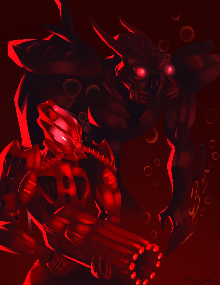 2022 5_fingers ambiguous_gender animal_humanoid armor arthropod barraki bionicle bubble cephalopod digital_drawing_(artwork) digital_media_(artwork) diving_gear diving_mask duo fingers fish gatling_gun glowing glowing_eyes gun hahli handgun headgear hi_res holding_object holding_weapon humanoid lego machine machine_gun mandibles manta_ray mantax marine marine_humanoid mask minigun mollusk prog_ares ranged_weapon ray_(fish) red_eyes restricted_palette robot sharp_teeth simple_background spikes spikes_(anatomy) standing stingray teeth toa underwater water weapon