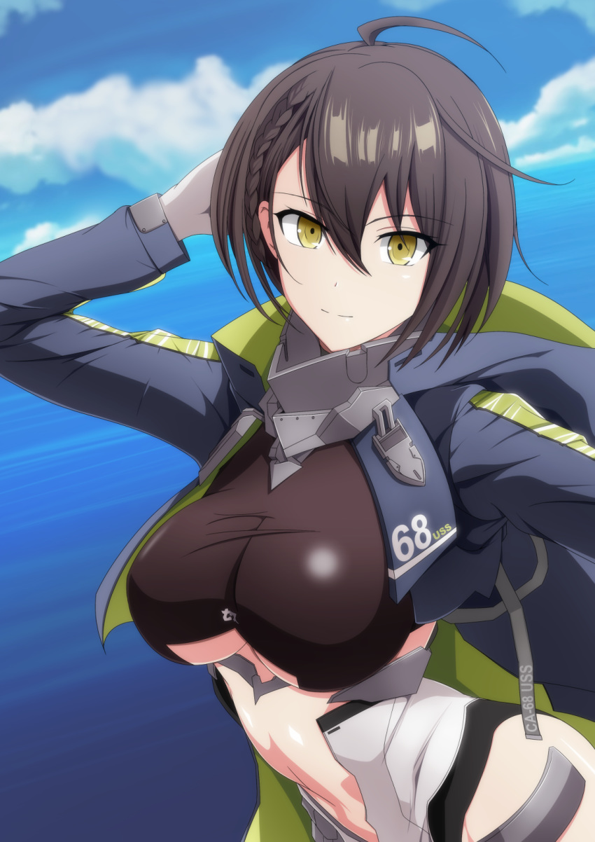 ahoge arm_behind_head arm_up armor azur_lane baltimore_(azur_lane) blue_coat blue_sky braid breasts brown_hair center_opening clothing_cutout cloud coat commentary_request cowboy_shot day faulds female french_braid gloves groin hair_between_eyes highres hood hood_down hooded_coat large_breasts long_sleeves looking_at_viewer makiri_akira multicolored_coat navel ocean outdoors short_hair sidelocks sky smile solo standing taut_clothes underboob underboob_cutout visor_(armor) white_gloves yellow_eyes